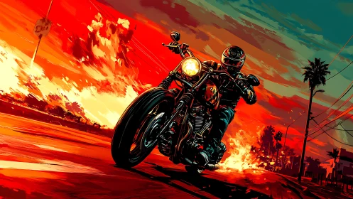 Flaming sunset boulevard bends beneath the charging biker