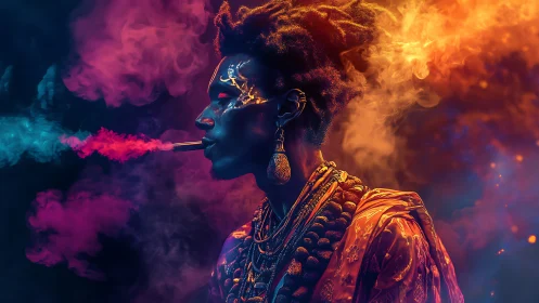 Neon-lit shamanic portrait glows amid swirling cosmic smoke
