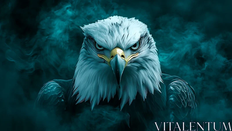 Intense Bald Eagle Portrait in Dramatic Blue Smoke Digital Art.