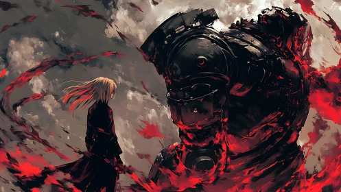 Stormlit duel between cloaked warrior and molten mech.