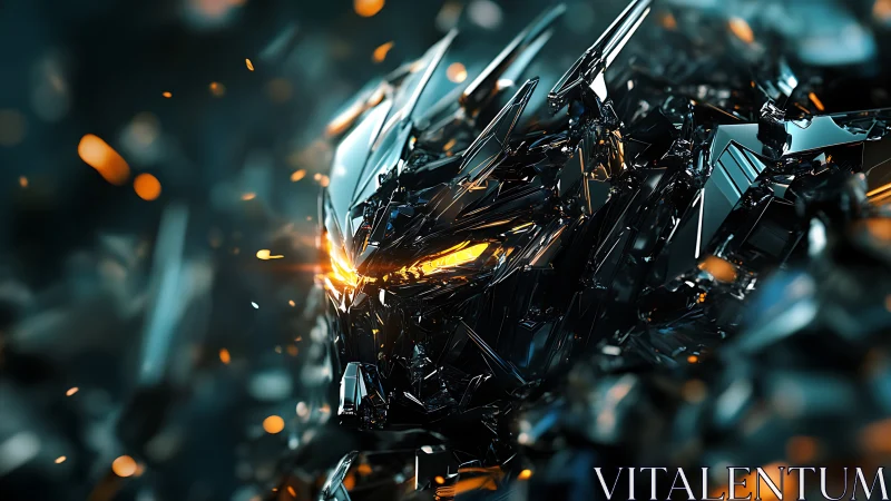 Angular metallic robotic head in glowing fragmented environment.