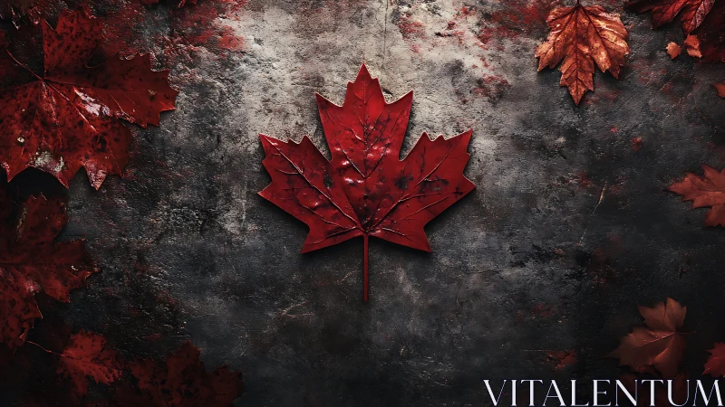 Single red maple leaf lies centered on textured dark surface