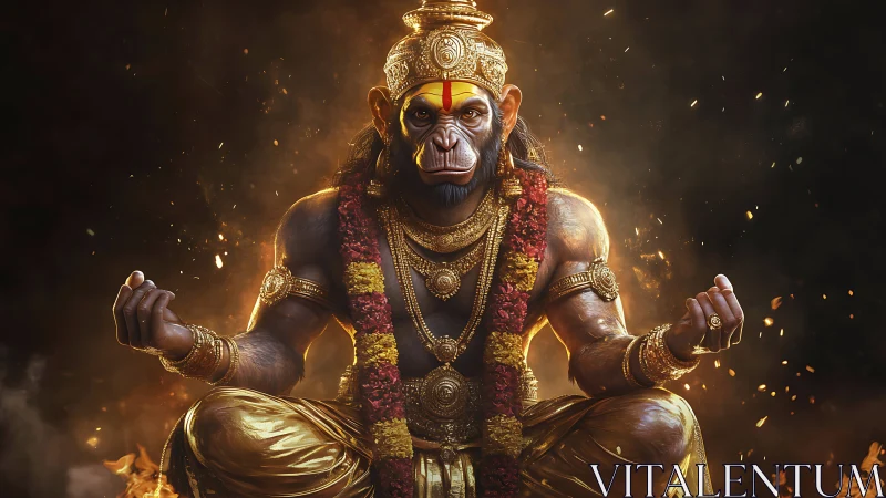 3D mythic simian deity in meditative golden flame chiaroscuro.