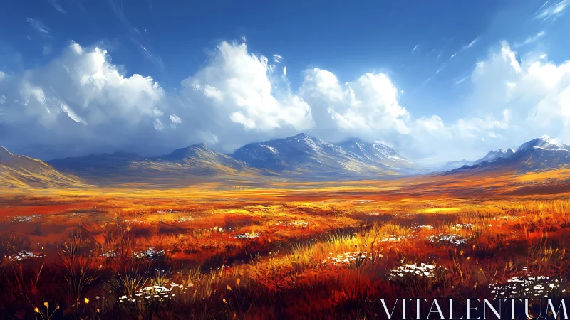 Expansive autumn plain under distant snowcapped mountains.