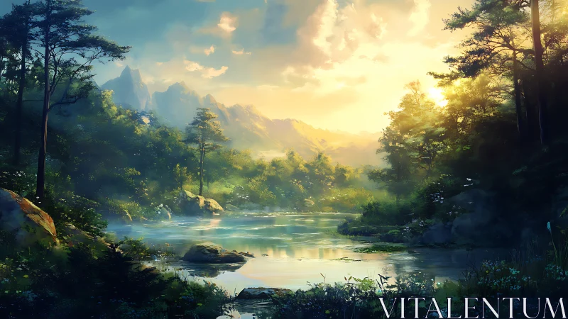 Luminous Mountain Valley Landscape with Atmospheric Perspective Rendering Technique