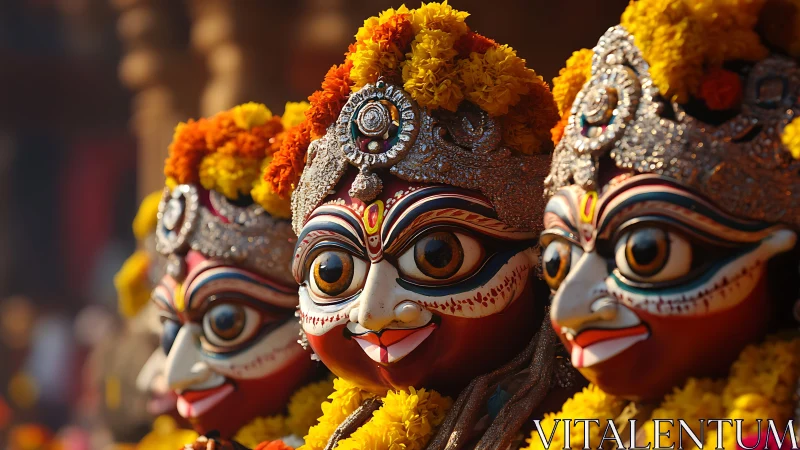 Three elaborately decorated ritual masks are displayed