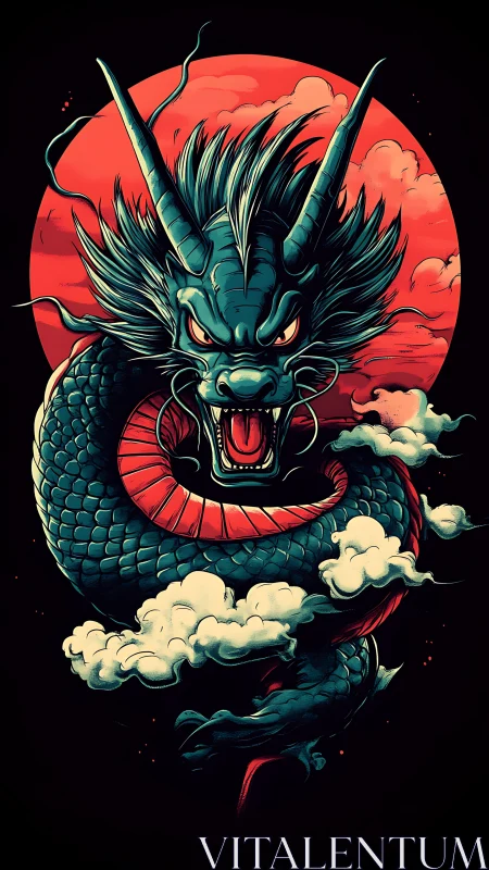 Fierce teal dragon swirling before a blazing red moon.