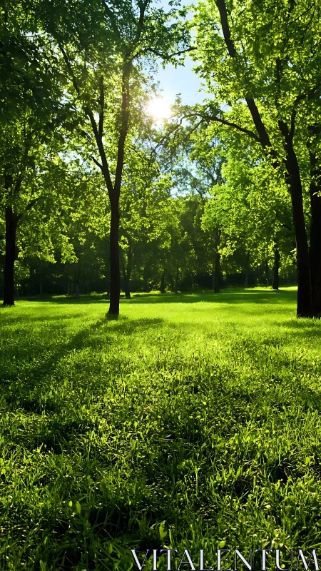 Backlit deciduous park trees cast elongated shadows at sunset
