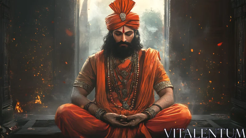 Serene orange clad mystic sits in deep meditative stillness