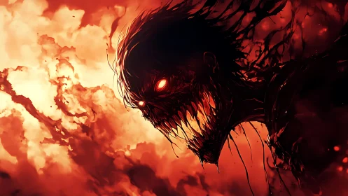 Infernal wraith hurtles through burning clouds, jaws unbound