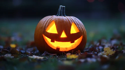 Jack-o’-lantern grin glows warm against dusk-soft lawn.