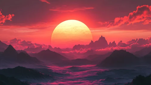 Radiant alien sunset gently washes misty mountains in rose light
