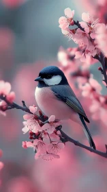 Songbird rests among dreamy pink cherry blossoms in spring.