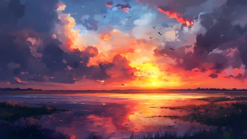 Skyfire over quiet marsh waters at hush-hour sunset glow.