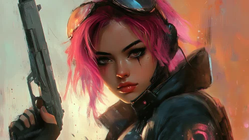 Pink haired woman holds pistol in stylized digital portrait