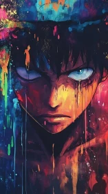 Stoic male face in saturated dripping paint portrait.