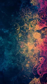 Ornate floral swirls on textured blue and orange gradient.