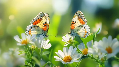 Twin butterflies on white daisies in luminous spring meadow.