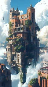 Dreamy skyward citadel floating high above soft clouds.