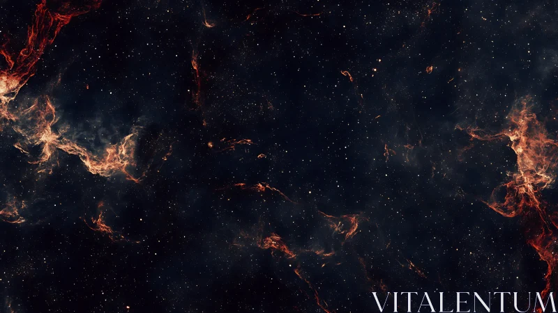 Deep starfield with diffuse red nebula filaments in space.