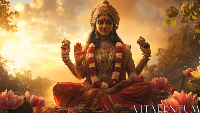 Golden sunset blessing over serene river goddess scene