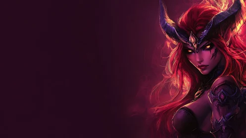 Demonic horned woman stares forward with burning eyes