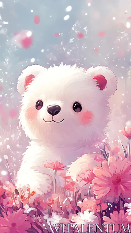 White cartoon bear in pink flower field under soft sky.