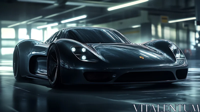 Sleek black Porsche supercar in a modern parking garage.