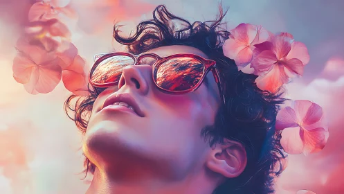 Sunlit dreamer crowned in petals and neon sky reflections.