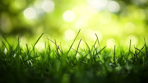 Lush green grass close-up with sunlight and soft bokeh background.