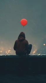 Solitary hooded figure balances red balloon in nocturnal rain