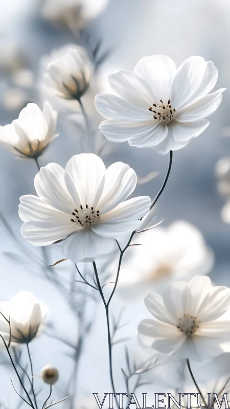 Ethereal White Cosmos Flowers in Soft Focus Composition.