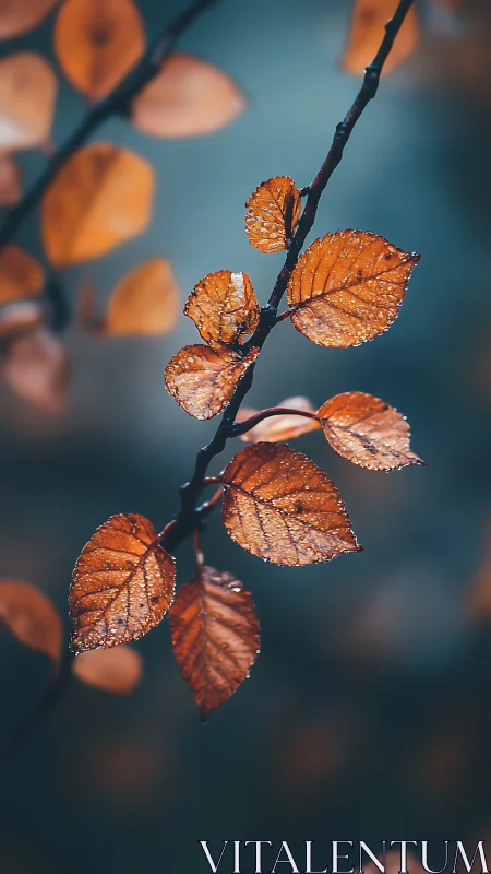 Autumn branch with dewy orange leaves in soft focus.