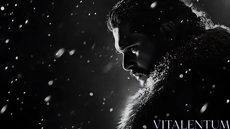 Monochrome profile of fur clad figure in falling snow.