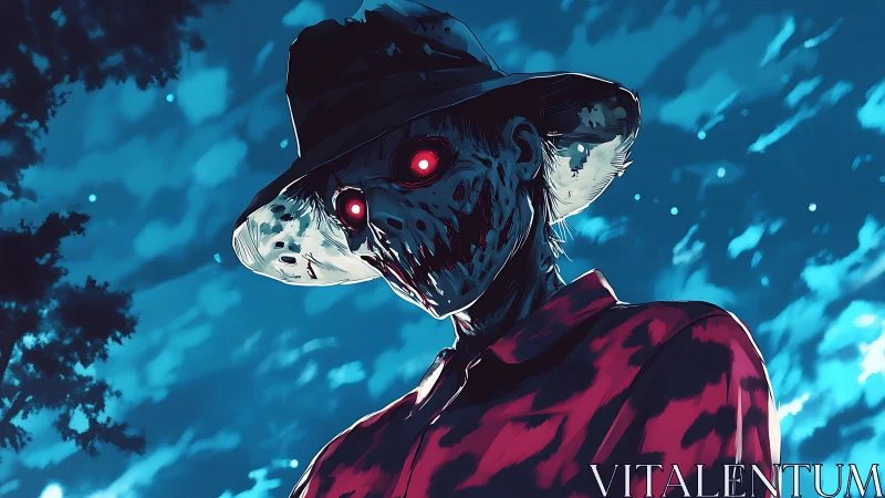 Night scene with skeletal figure in hat and glowing eyes.