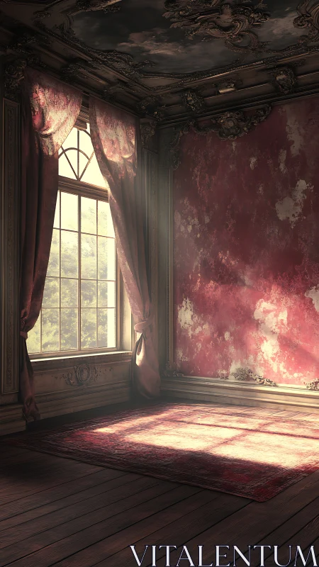 Sunlit decayed parlor with ornate ceiling and red walls.