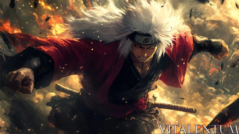 Fiery white-haired warrior surges forward through blazing chaos