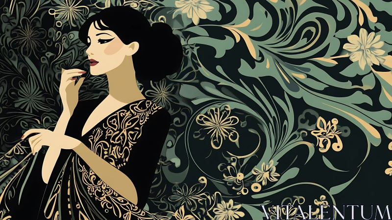 Elegant woman framed by ornate floral arabesque pattern.