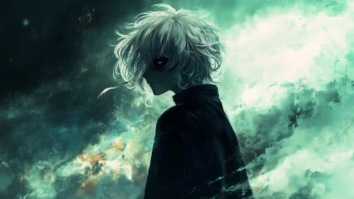 Mysterious silver haired wanderer in swirling teal mist.