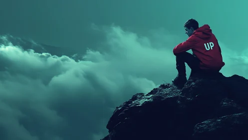 Solitary figure in red hoodie contemplates cloud sea