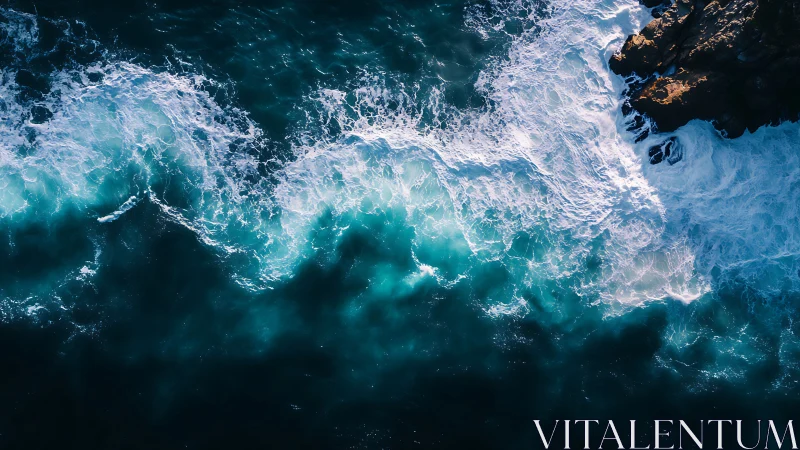 Aerial coastal surf impact with turquoise wave turbulence