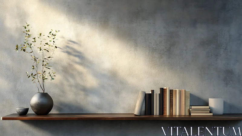 Minimalist shelf with books and ceramic vase in soft light.