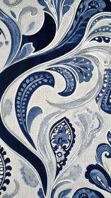 Parametric indigo paisley vectors on textured textile field.