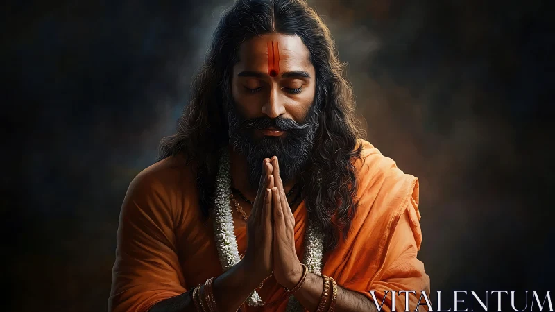 Male figure in orange robe with folded hands in focus.