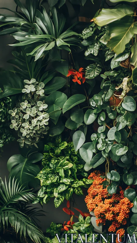 Lush indoor jungle wall bursting with cozy green life.