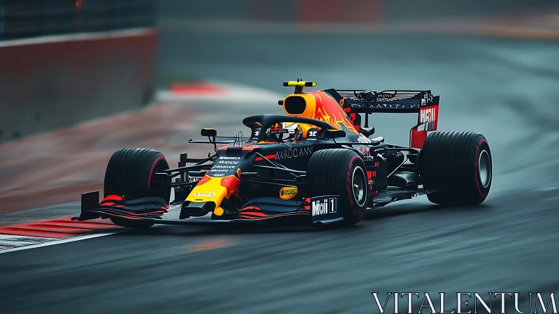 Sleek red bull racer car slices through a misty racetrack