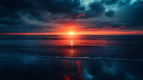 Crimson horizon sunset over reflective ocean surf under storm clouds.