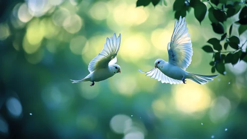 Two white doves in flight with soft sunlight and bokeh background.