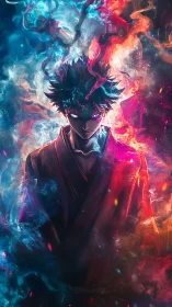 Mystic warrior channels dual elemental flames in neon storm.