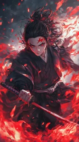 Blazing samurai warrior steps forward wrapped in crimson fire